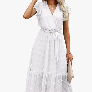 BTFBM size XL Wrap V-Neck White Belted Midi Dress